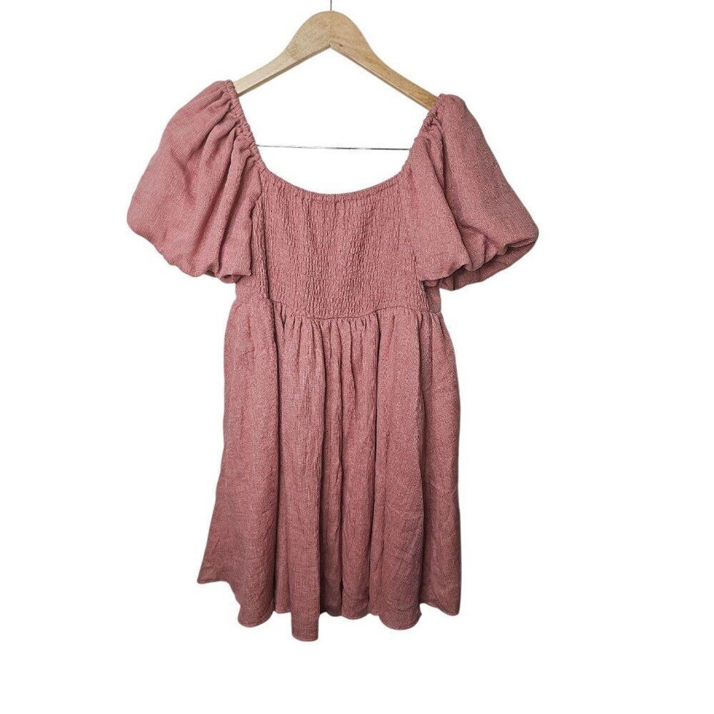 NWT A Collective Story Mauve Pink Baby Doll Mini Dress Puff Sleeves Womens Large - Picture 2 of 7